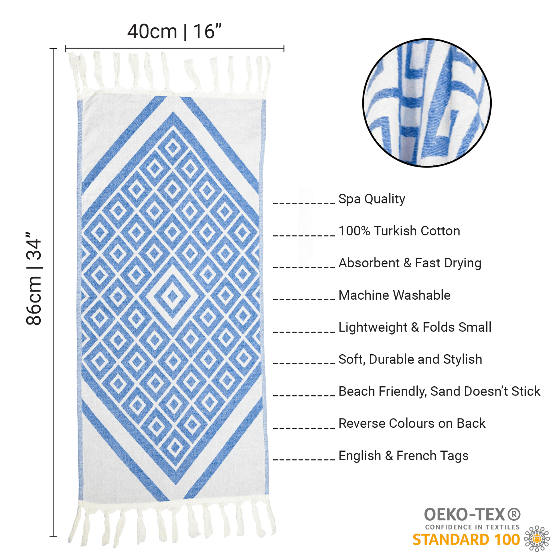 Turkish Towels Canada | Hand Towel | Blue + White - Online Beauty Cart